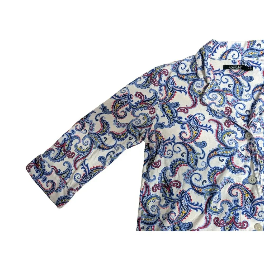 Lauren Ralph Lauren Womens Paisley Pajama Set M Blue & White Cotton Lounge Wear - Picture 10 of 10